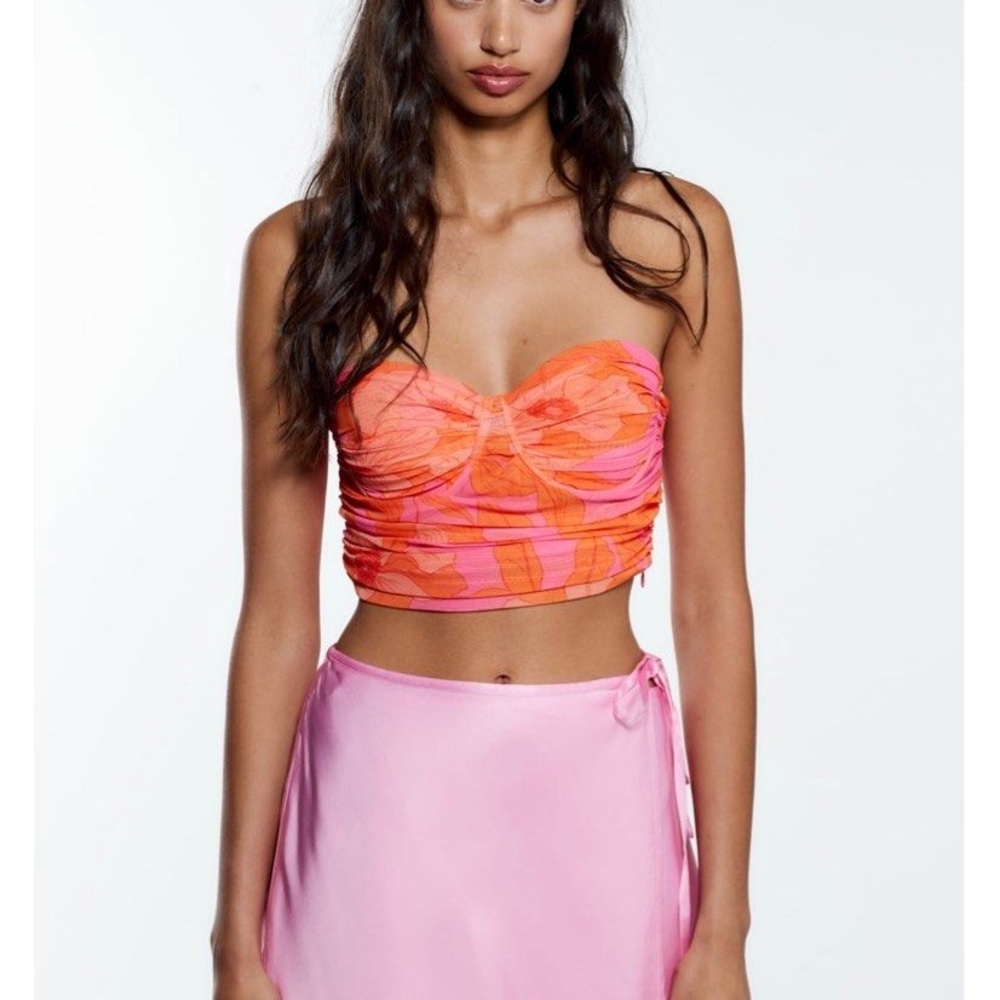 Zara Pink Orange floral tulle corset crop top summer vacation tropical